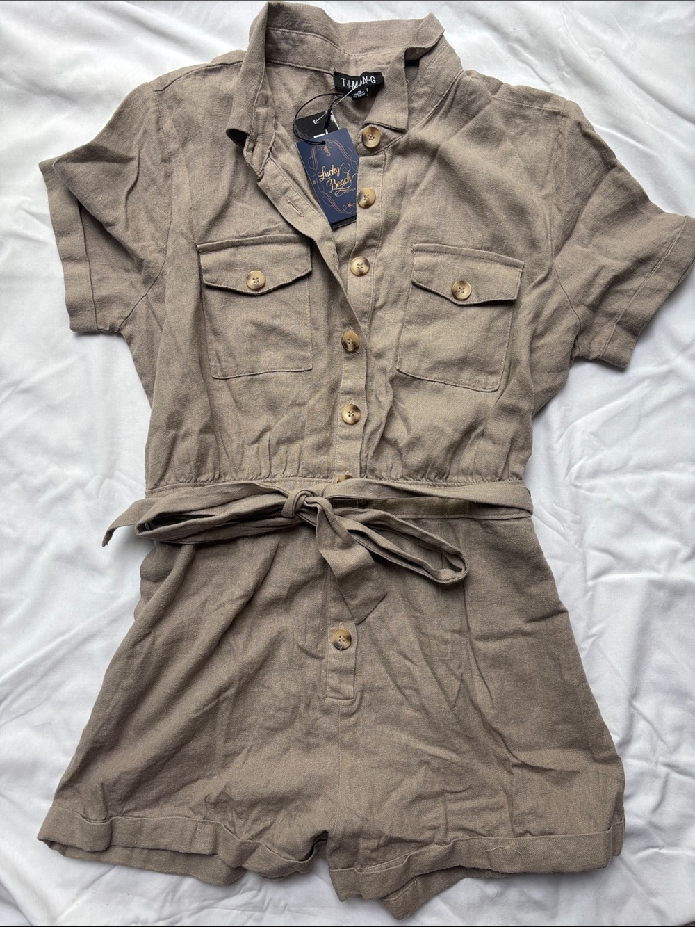 Timing Taupe Utility Romper with Belt